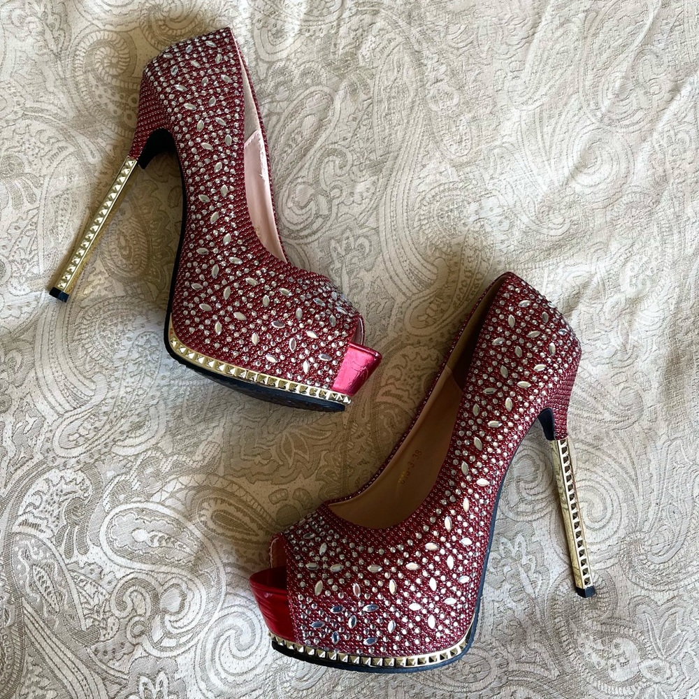 ❌SOLD❌ Red glitzy rhinestone peep toe super high heel platform stiletto 8 - Picture 2 of 3